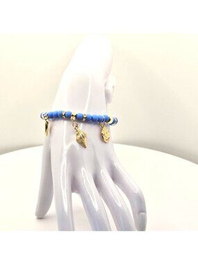 Blue Beaded Bracelet With Gold Tone Shell Charms Coastal-Inspired Jewelry Handma